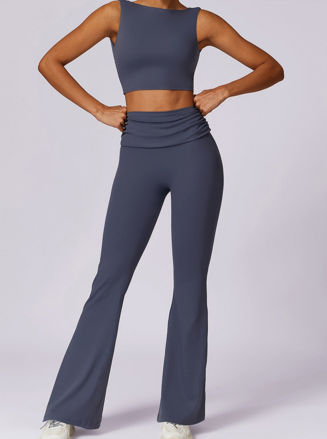 Amira | Donkerblauwe High-Waist Flare Leggings met Vouwband