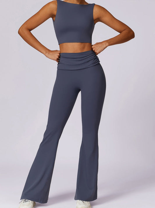 Amira | Donkerblauwe High-Waist Flare Leggings met Vouwband
