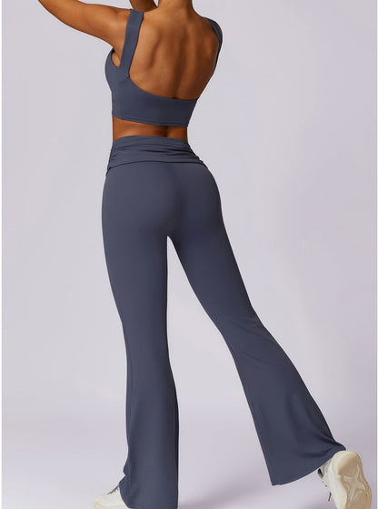 Amira | Donkerblauwe High-Waist Flare Leggings met Vouwband