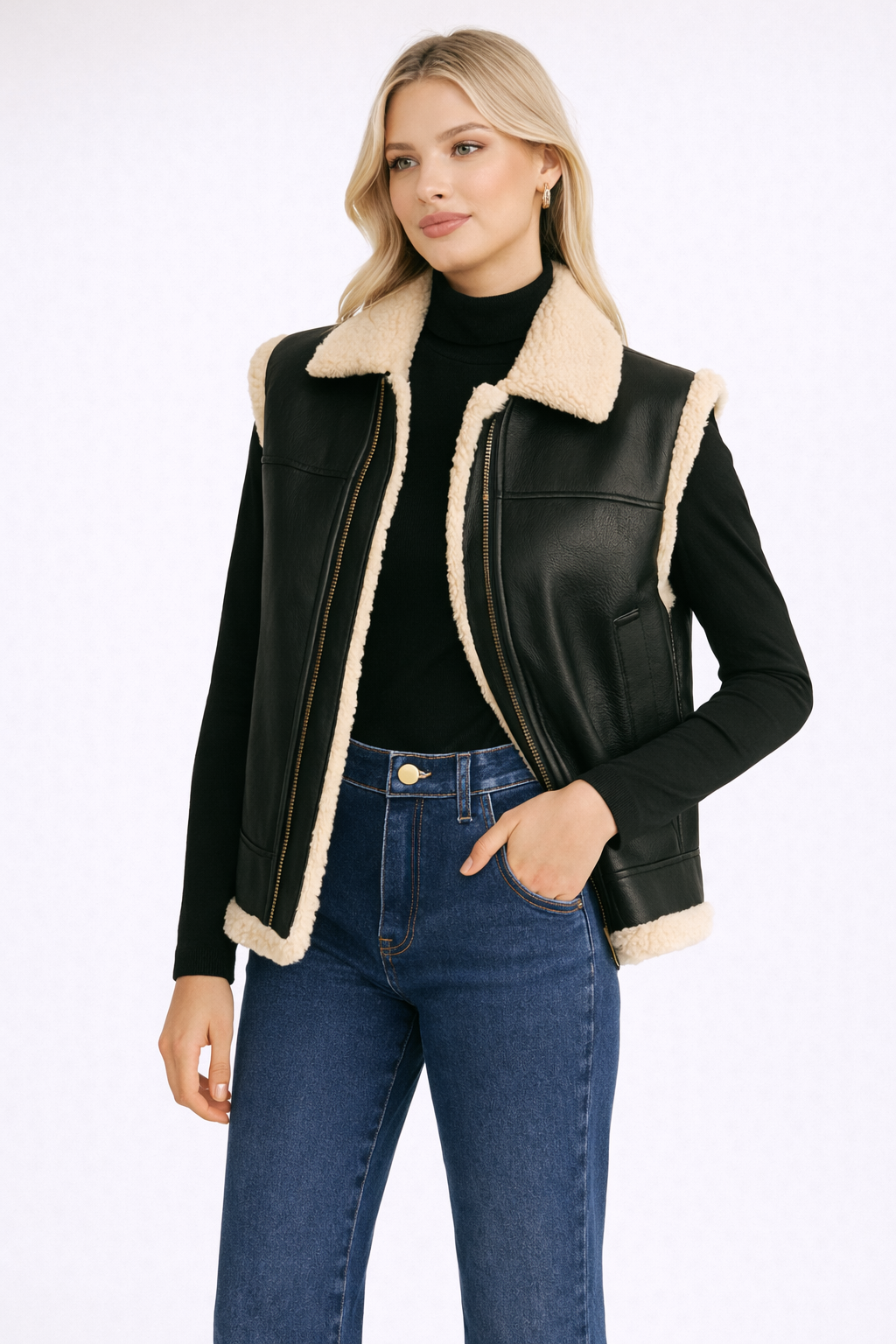 Ause Teddy Gevoerd Vest met Faux Leren Mouwen
