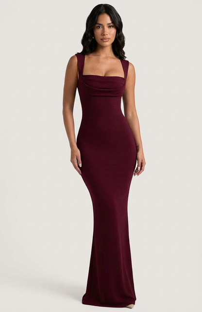 Bordeaux maxi jurk met vierkante hals en elegante pasvorm