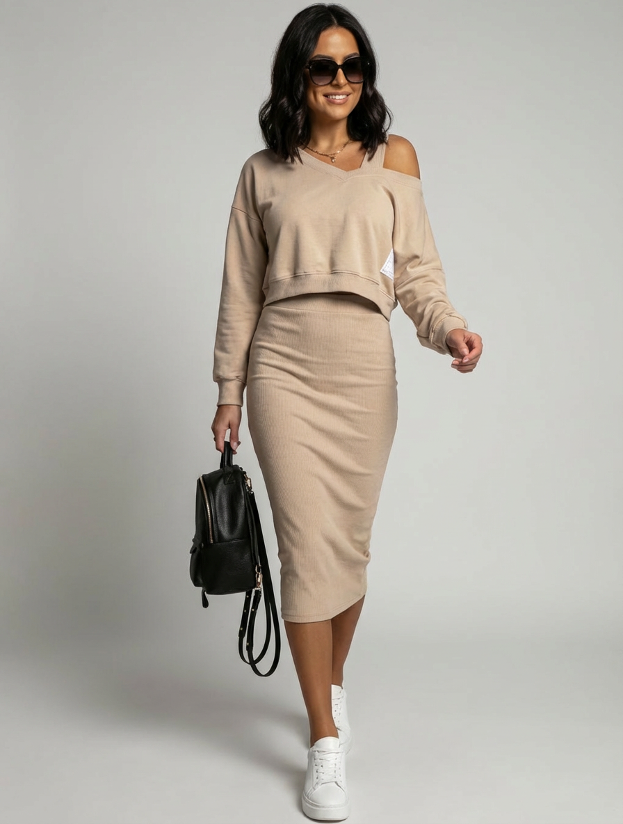 Casual elegante tweedelige dames set met midi rok
