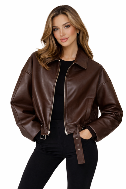 Elise Cropped Leather Bomber