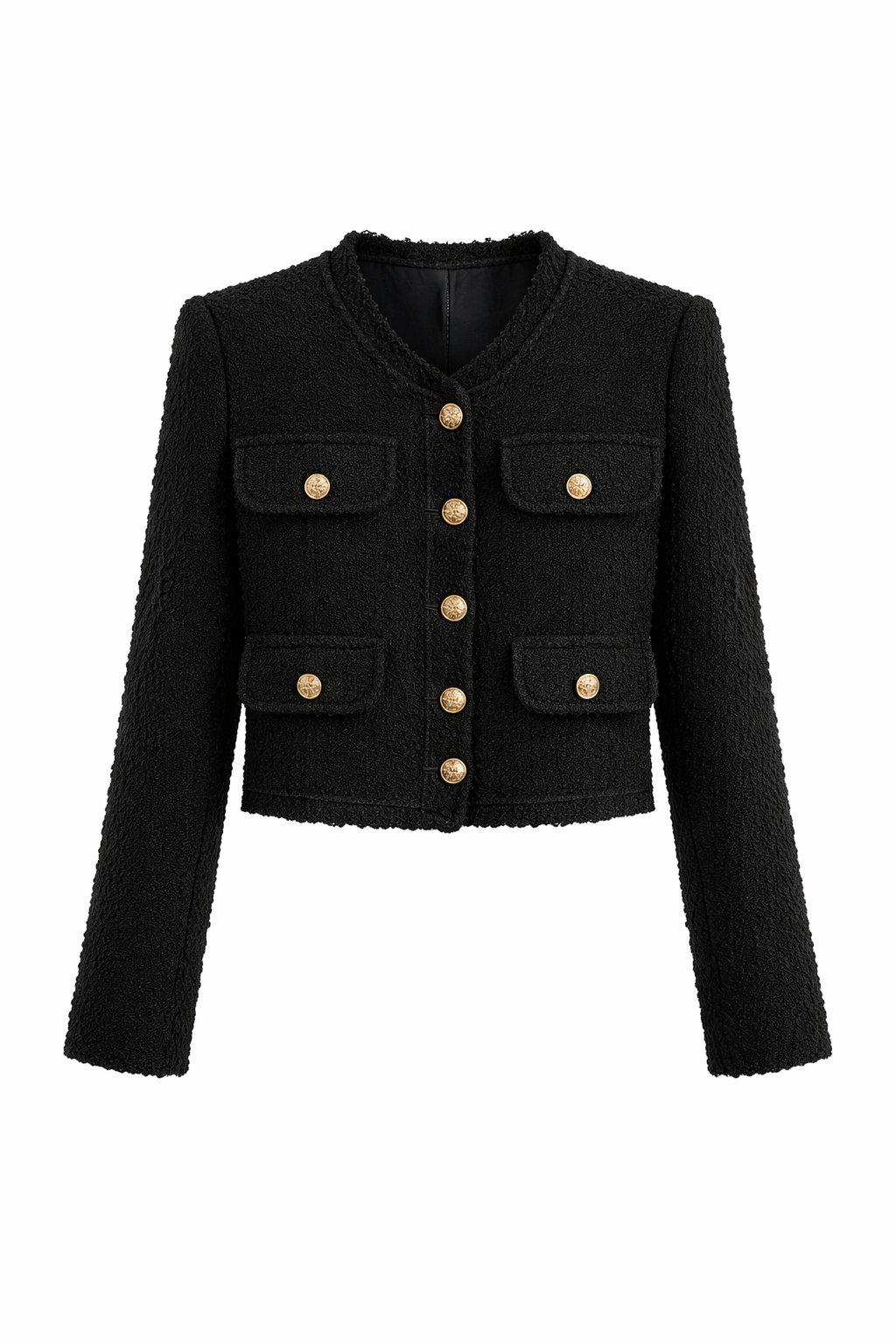 Blaire Luxe Zwart Tweed Blazerjasje met Gouden Dubbele Knopen – Elegant Cropped Dames Blazer