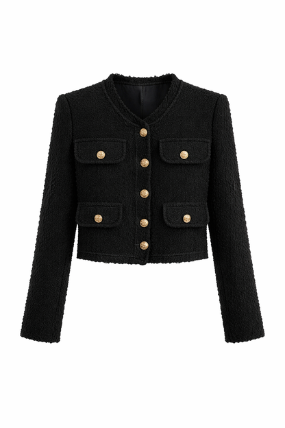 Blaire Luxe Zwart Tweed Blazerjasje met Gouden Dubbele Knopen – Elegant Cropped Dames Blazer