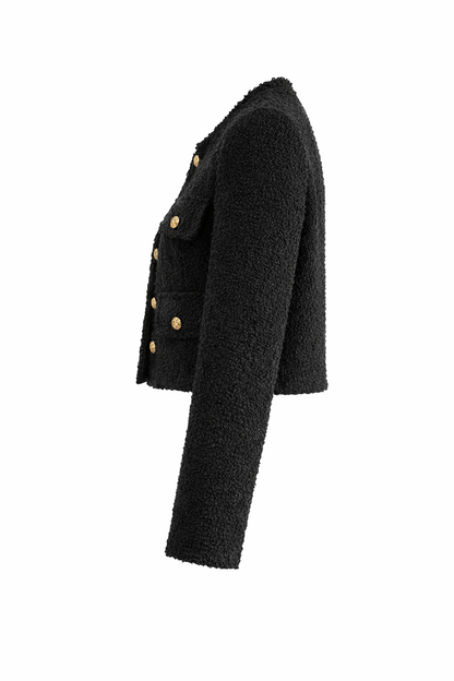 Blaire Luxe Zwart Tweed Blazerjasje met Gouden Dubbele Knopen – Elegant Cropped Dames Blazer