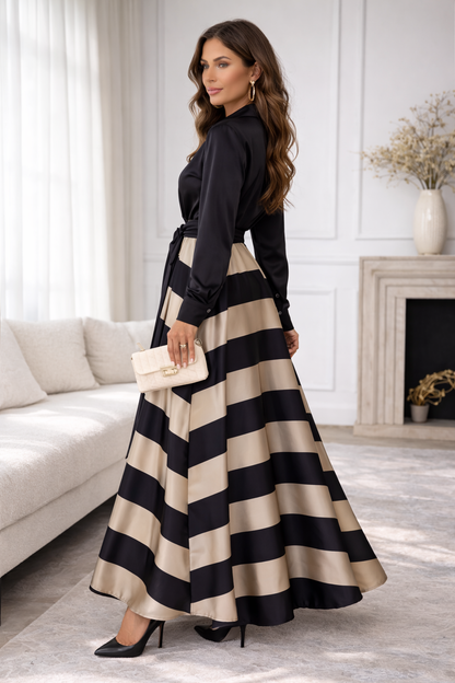 Eva Elegante Maxi Jurk met Blouse Top en Gestreepte Rok – Luxe Dames Jurk met Tailleband