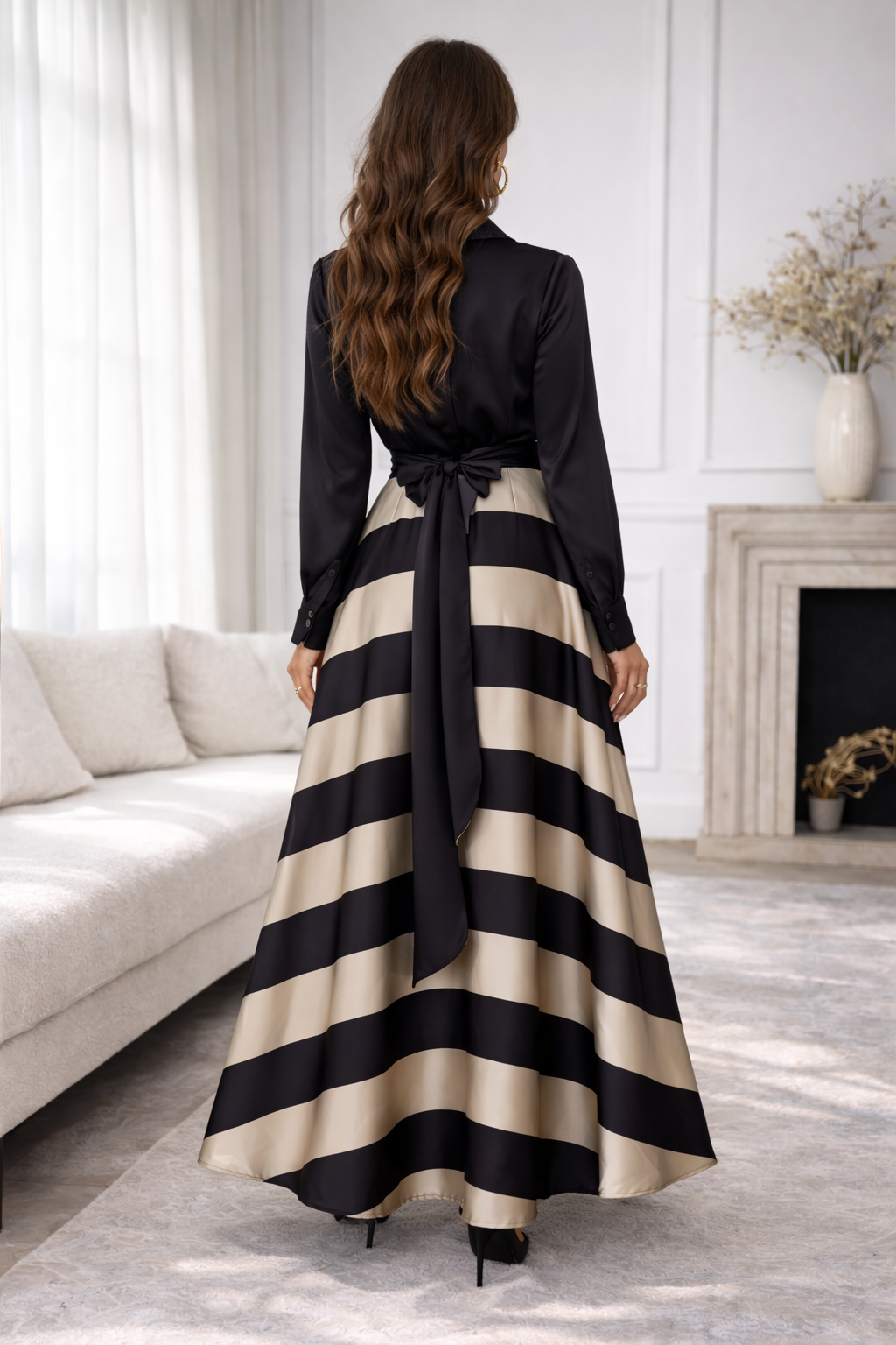 Eva Elegante Maxi Jurk met Blouse Top en Gestreepte Rok – Luxe Dames Jurk met Tailleband