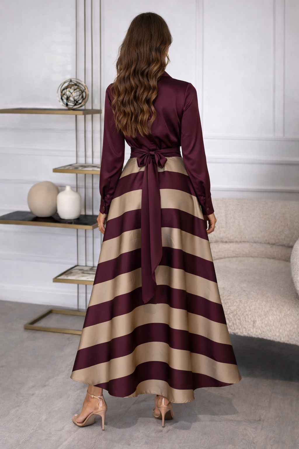 Eva Elegante Maxi Jurk met Blouse Top en Gestreepte Rok – Luxe Dames Jurk met Tailleband