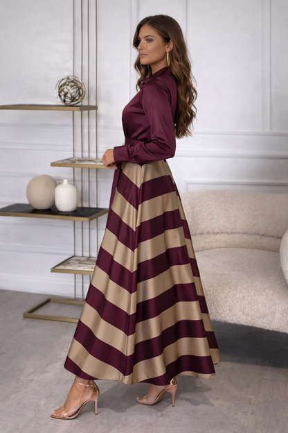 Eva Elegante Maxi Jurk met Blouse Top en Gestreepte Rok – Luxe Dames Jurk met Tailleband