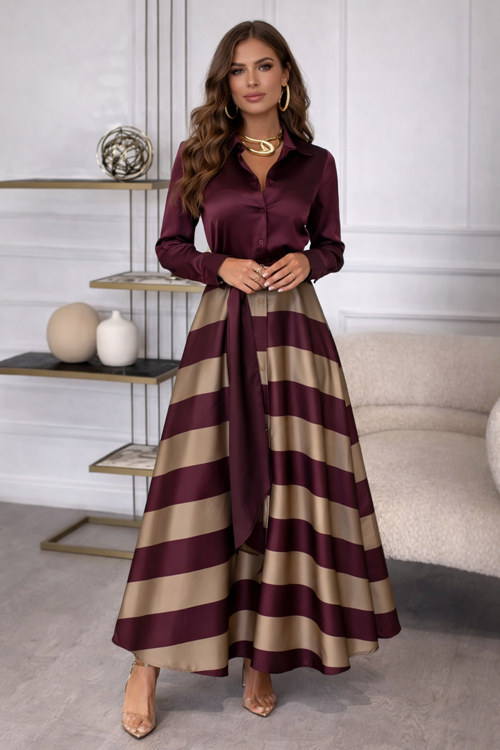 Eva Elegante Maxi Jurk met Blouse Top en Gestreepte Rok – Luxe Dames Jurk met Tailleband