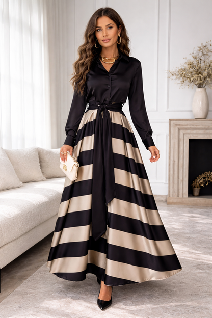 Eva Elegante Maxi Jurk met Blouse Top en Gestreepte Rok – Luxe Dames Jurk met Tailleband