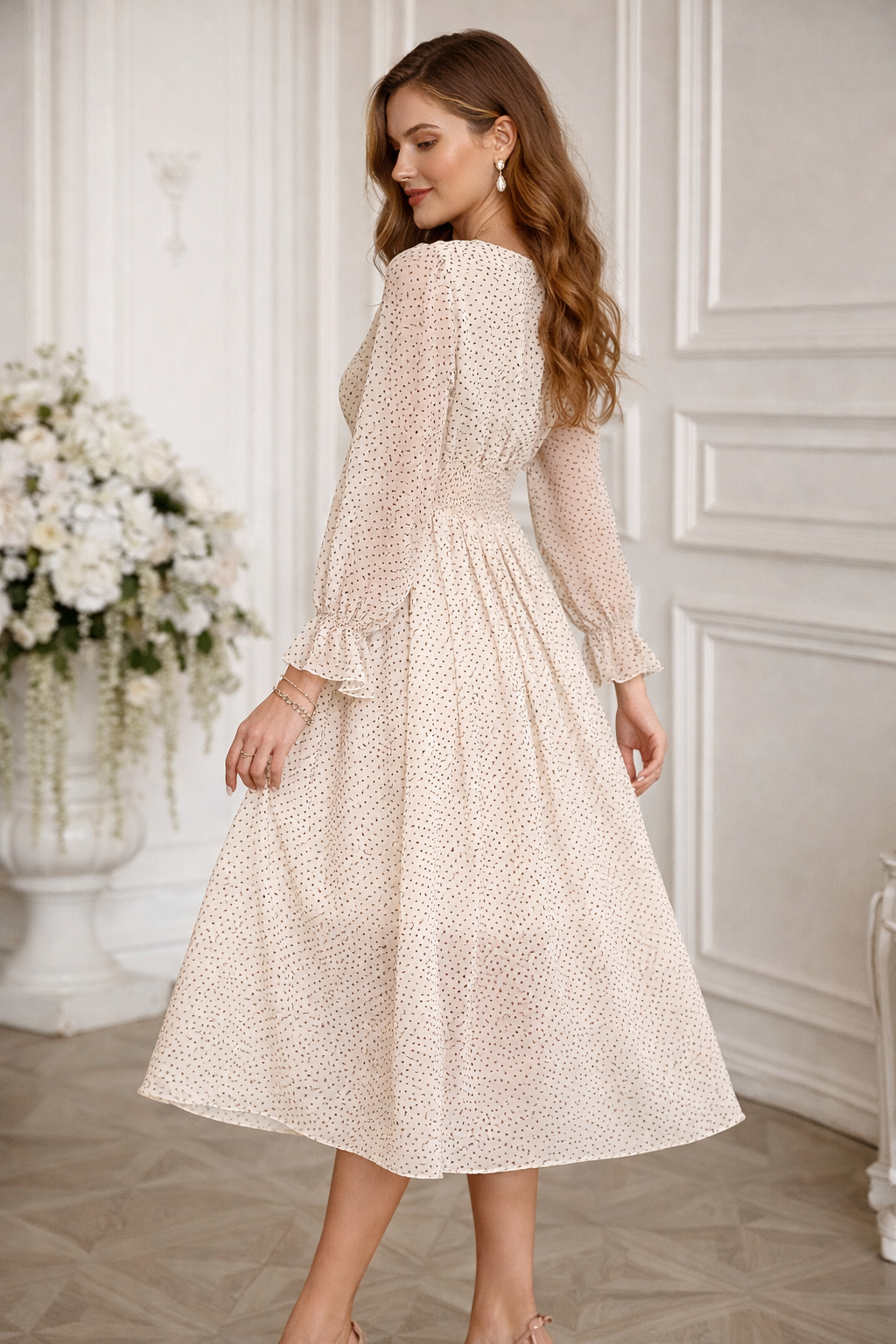 Olivia Elegante A-Lijn Midi Jurk met V-Hals en Trompetmouwen – Luxe Damesjurk met Hoge Taille