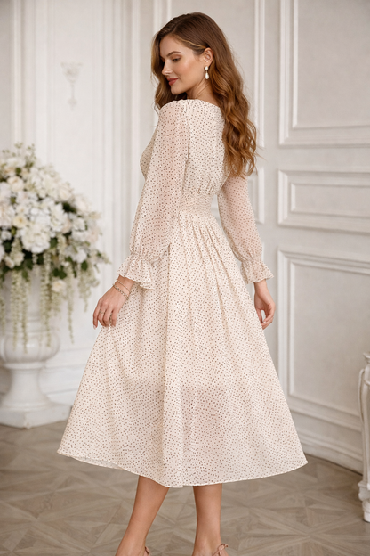 Olivia Elegante A-Lijn Midi Jurk met V-Hals en Trompetmouwen – Luxe Damesjurk met Hoge Taille