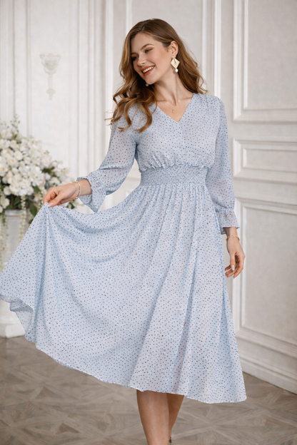 Olivia Elegante A-Lijn Midi Jurk met V-Hals en Trompetmouwen – Luxe Damesjurk met Hoge Taille