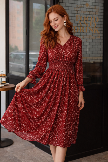 Olivia Elegante A-Lijn Midi Jurk met V-Hals en Trompetmouwen – Luxe Damesjurk met Hoge Taille
