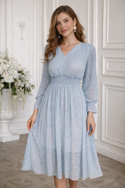 Olivia Elegante A-Lijn Midi Jurk met V-Hals en Trompetmouwen – Luxe Damesjurk met Hoge Taille