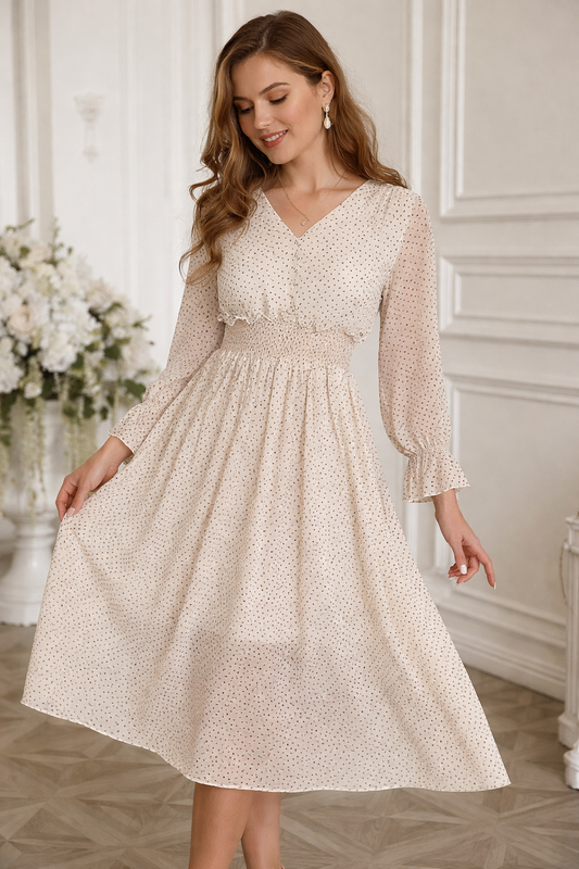 Olivia Elegante A-Lijn Midi Jurk met V-Hals en Trompetmouwen – Luxe Damesjurk met Hoge Taille
