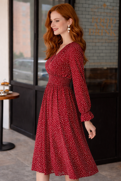 Olivia Elegante A-Lijn Midi Jurk met V-Hals en Trompetmouwen – Luxe Damesjurk met Hoge Taille