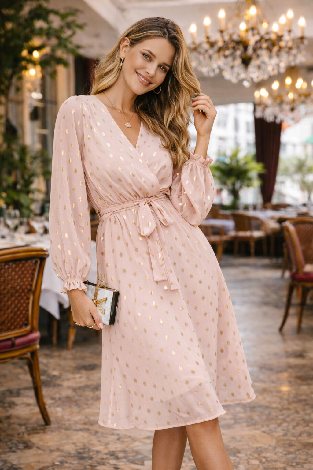 Madeline Elegante Wikkeljurk met Gouden Polkadots en Taillelint