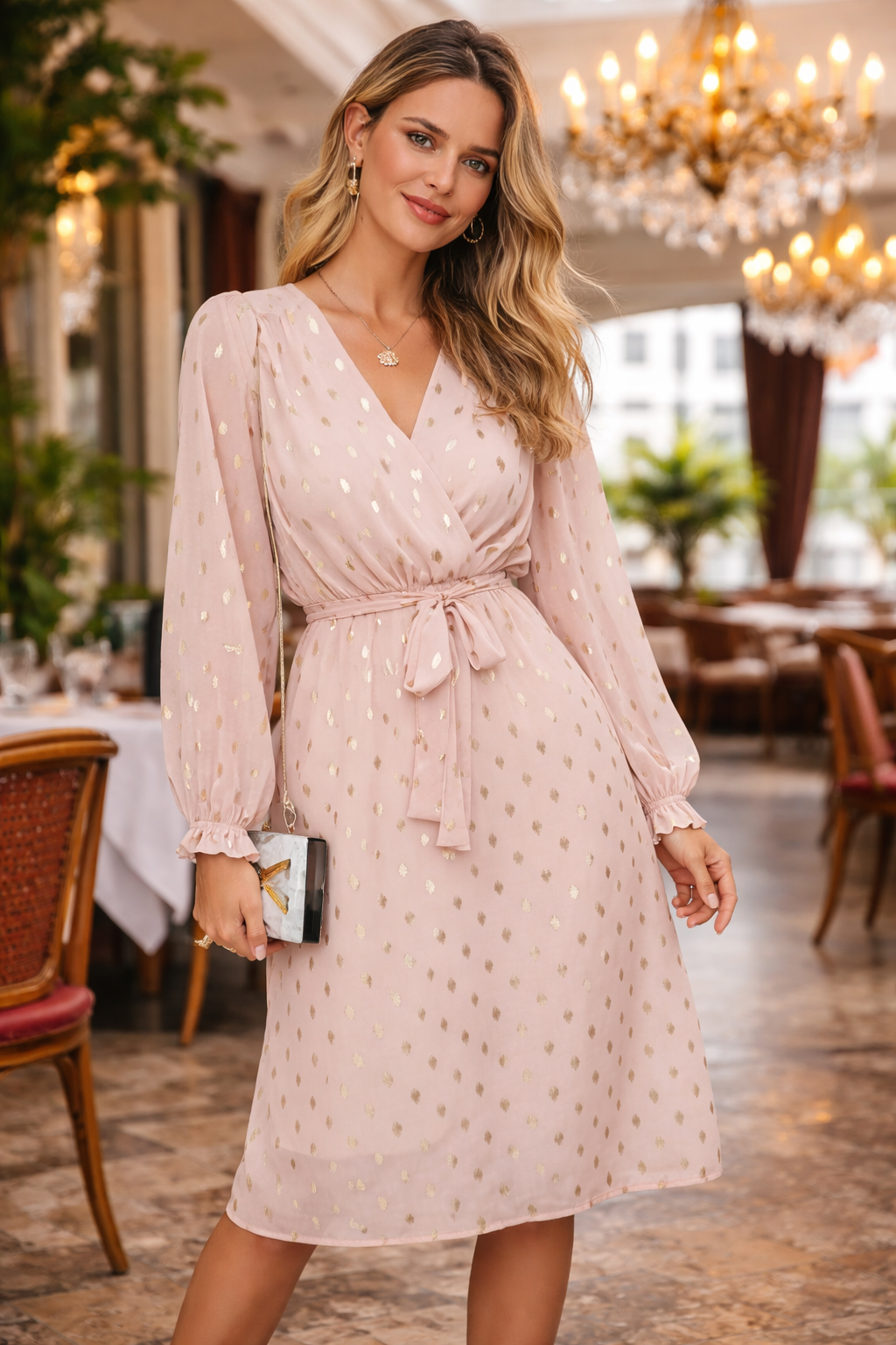 Madeline Elegante Wikkeljurk met Gouden Polkadots en Taillelint