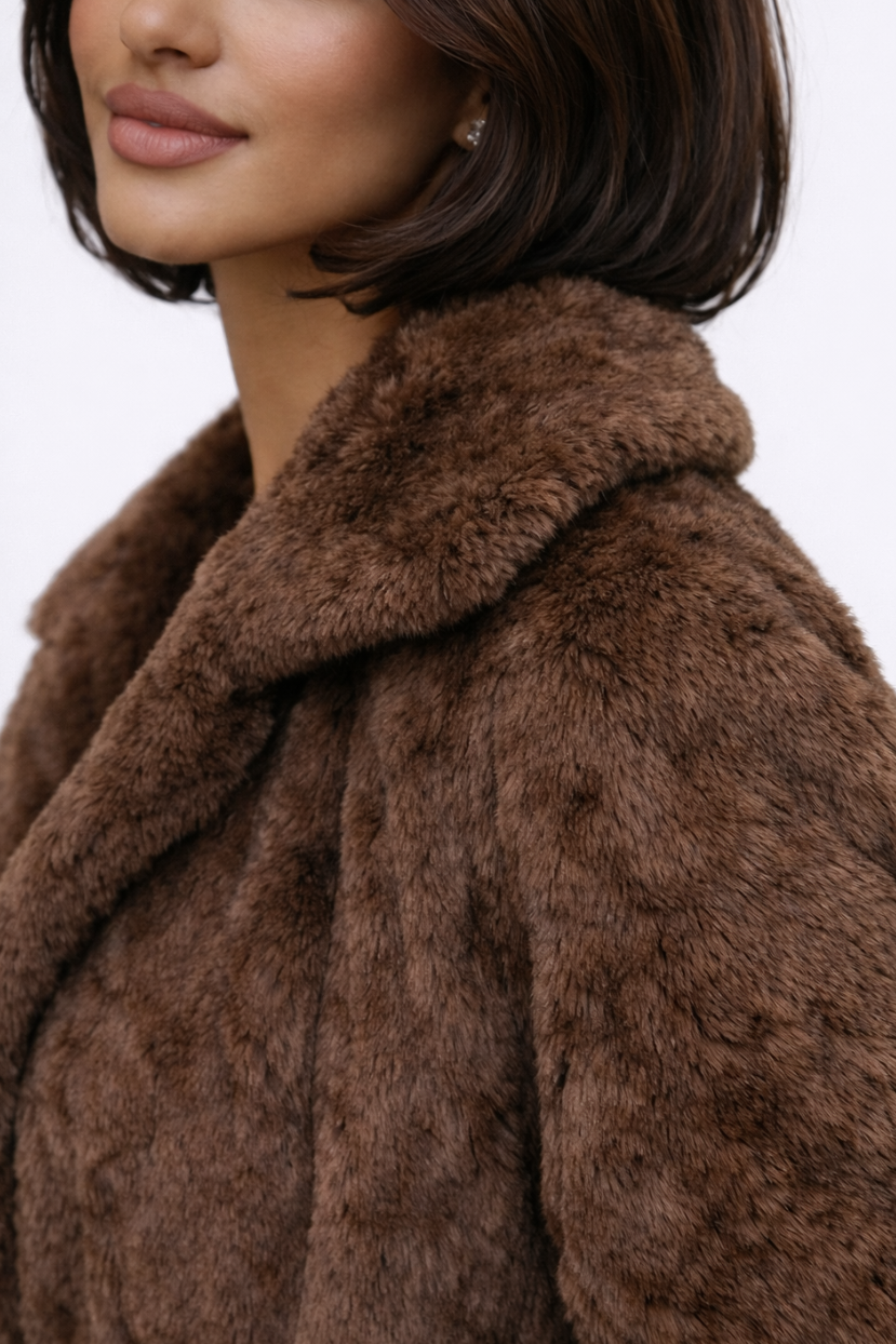 Moss Dames Faux Fur Jas | Luxe Oversized Winterjas in Chocoladebruin