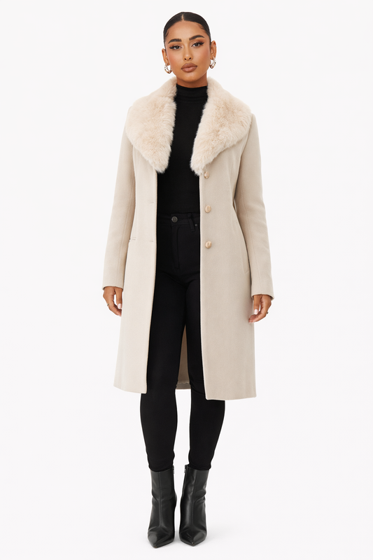 Nora Beige Dames Jas | Wolmix, Licht Getailleerd met Afneembare Bontkraag