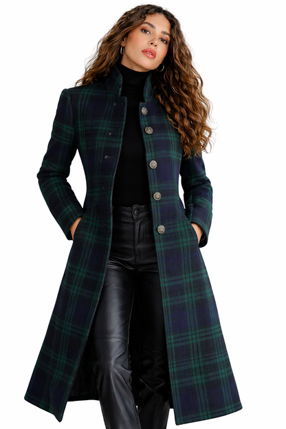 Élodie Tartan Midi Jas – Donkergroen Blauw Geruit
