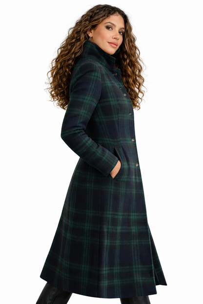 Élodie Tartan Midi Jas – Donkergroen Blauw Geruit
