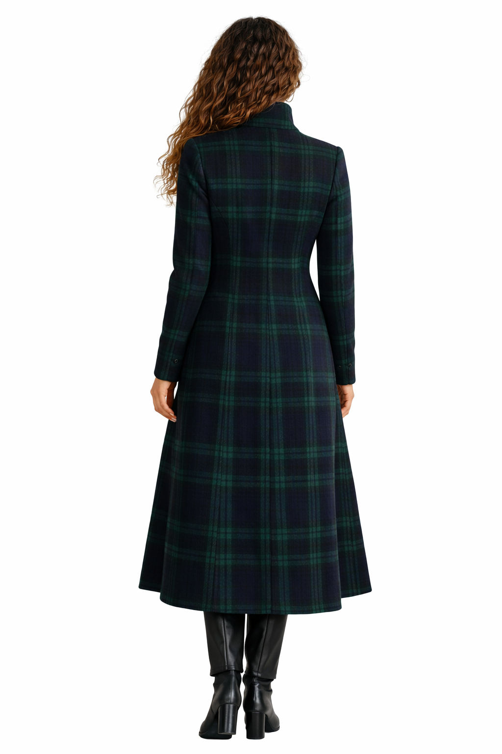 Élodie Tartan Midi Jas – Donkergroen Blauw Geruit