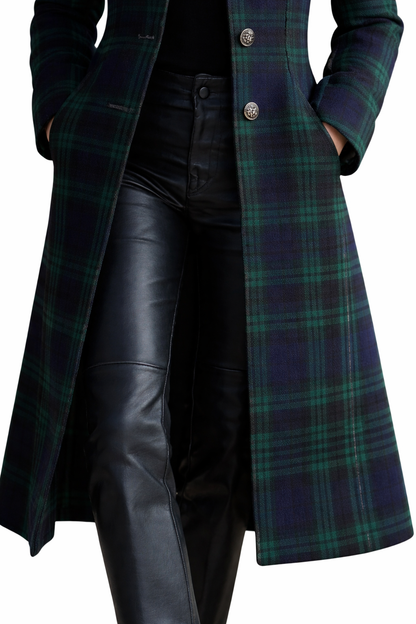 Élodie Tartan Midi Jas – Donkergroen Blauw Geruit