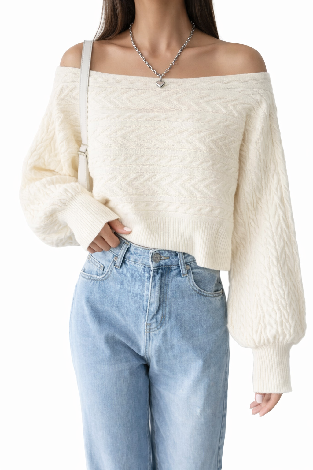 Ellis Off Shoulder Kabelgebreide Trui Dames Cropped Knit