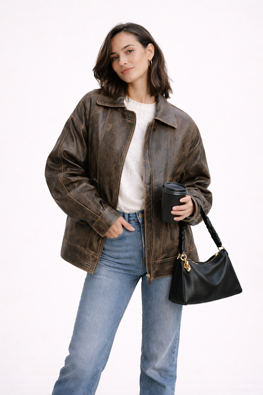 Kennedy – Retro Washed Leren Look Damesjas | Vintage Bruine Statement Jacket