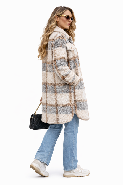 Elysia Fuzzy Check Jacket – Geruite Dames Jas met Knoopsluiting