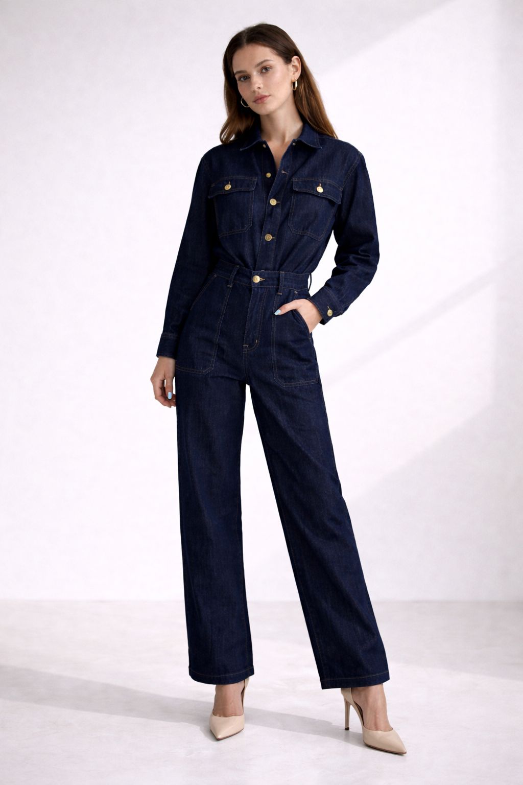 Harper – Donkerblauwe Denim Tweedelige set met Wijde Pijpen Casual Fit
