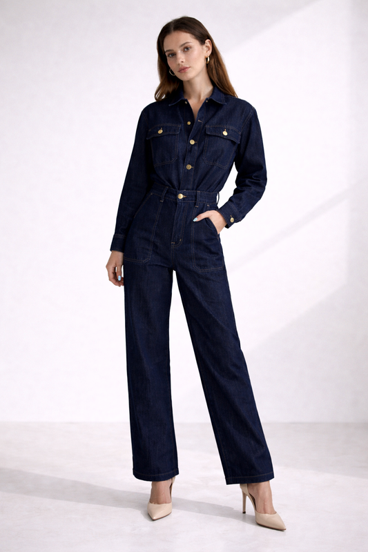 Harper – Donkerblauwe Denim Tweedelige set met Wijde Pijpen Casual Fit