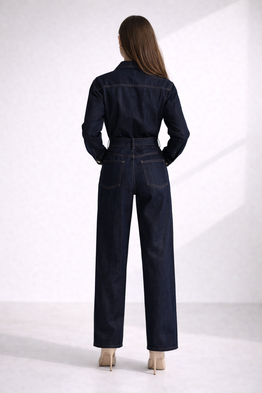 Harper – Donkerblauwe Denim Tweedelige set met Wijde Pijpen Casual Fit