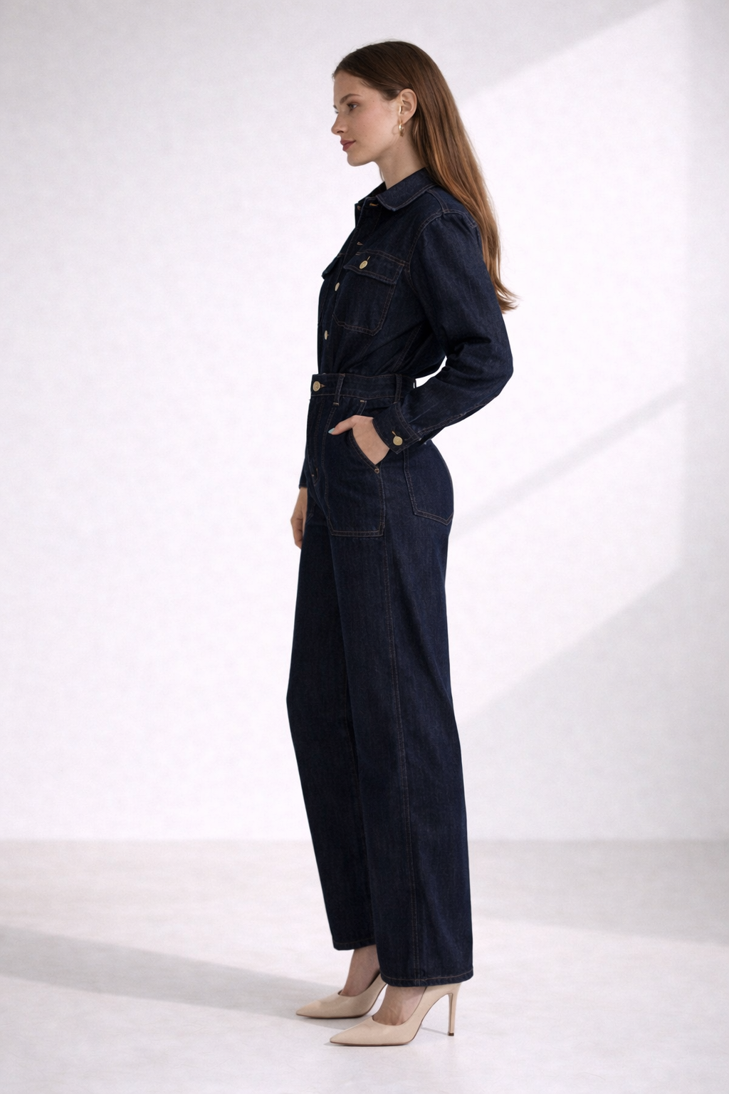 Harper – Donkerblauwe Denim Tweedelige set met Wijde Pijpen Casual Fit