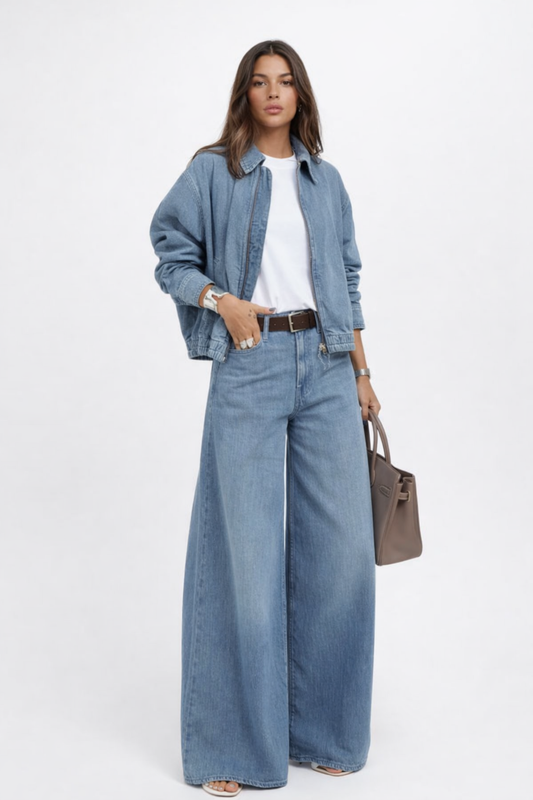 Sara Light Denim Wide Leg Set – Cropped Denim Jacket & High Waist Wide Leg Jeans Dames