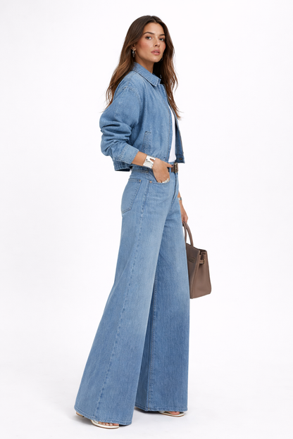 Sara Light Denim Wide Leg Set – Cropped Denim Jacket & High Waist Wide Leg Jeans Dames