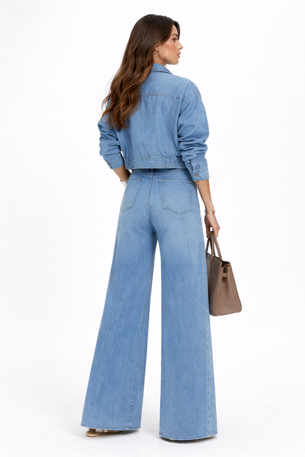 Sara Light Denim Wide Leg Set – Cropped Denim Jacket & High Waist Wide Leg Jeans Dames