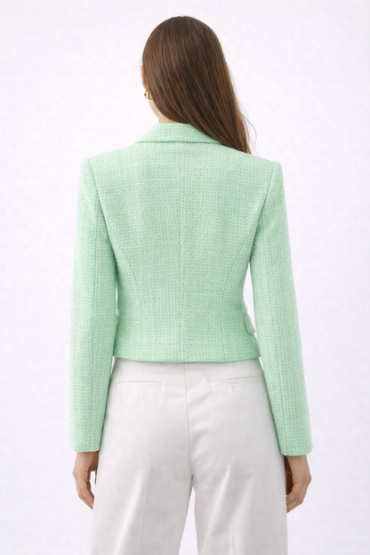 Brooklyn Elegant Mintgroen Tweed Blazerjasje met Dubbele Knopen – Luxe Dames Blazer