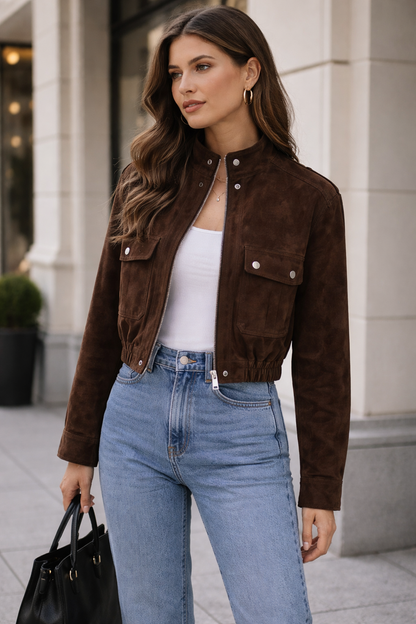 Darlene Vintage Bruin Suède Look Jacket – Luxe Cropped Dames Biker Jacket