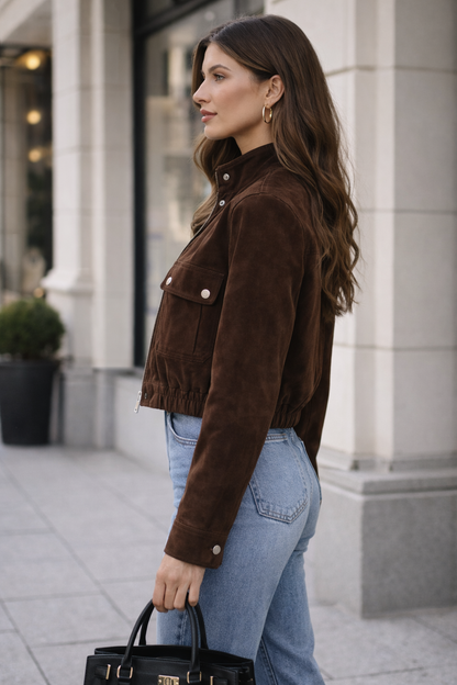 Darlene Vintage Bruin Suède Look Jacket – Luxe Cropped Dames Biker Jacket