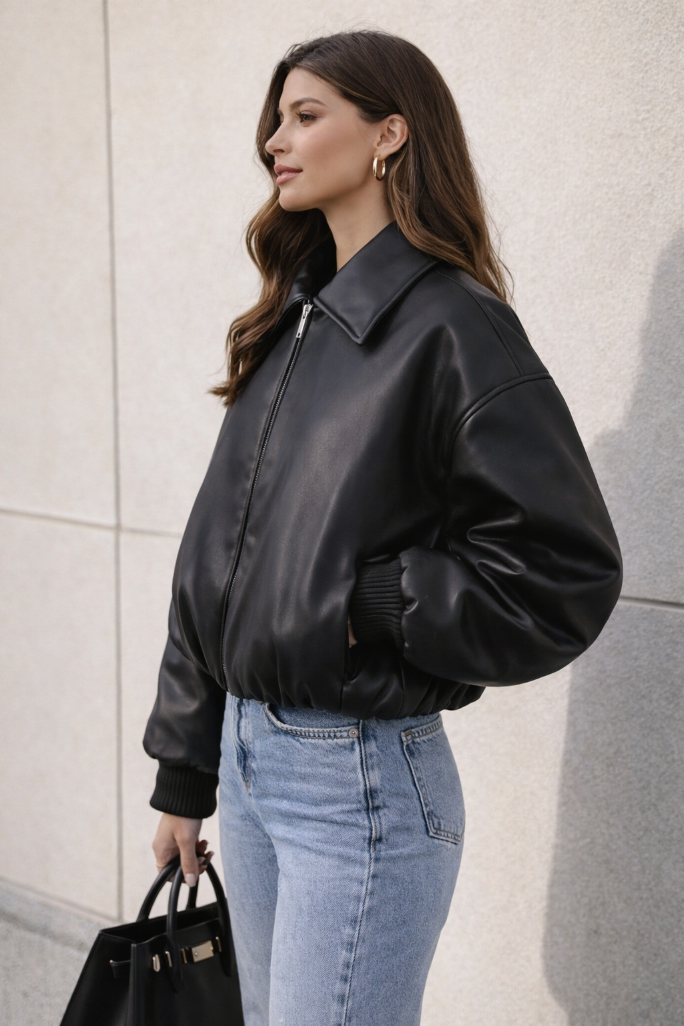 Roxanne Vintage Bruin Leren Look Bomber Jacket – Cropped Dames Faux Leather Jacket met Rits