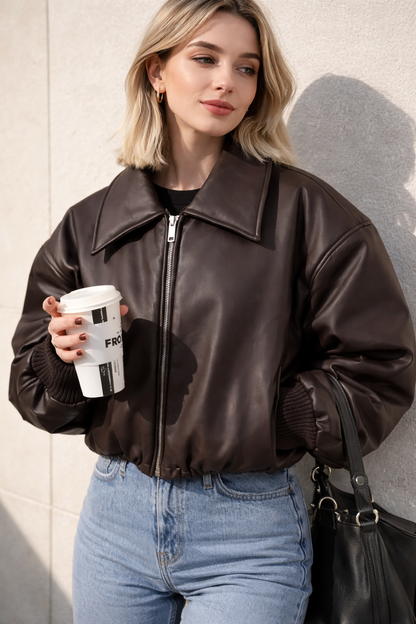 Roxanne Vintage Bruin Leren Look Bomber Jacket – Cropped Dames Faux Leather Jacket met Rits
