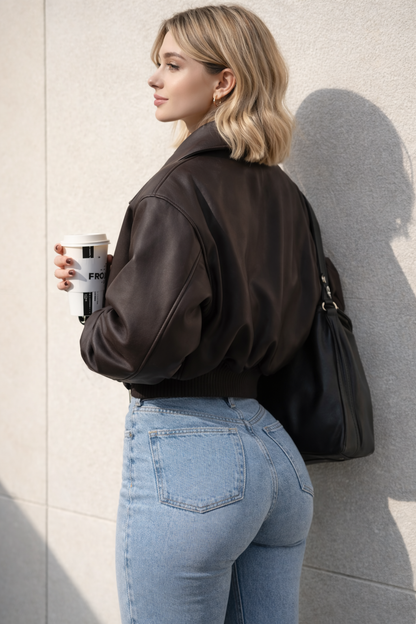 Roxanne Vintage Bruin Leren Look Bomber Jacket – Cropped Dames Faux Leather Jacket met Rits