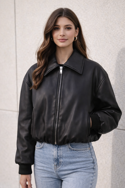 Roxanne Vintage Bruin Leren Look Bomber Jacket – Cropped Dames Faux Leather Jacket met Rits