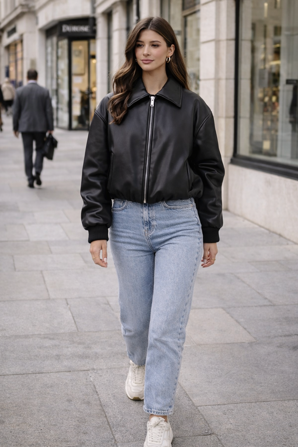 Roxanne Vintage Bruin Leren Look Bomber Jacket – Cropped Dames Faux Leather Jacket met Rits