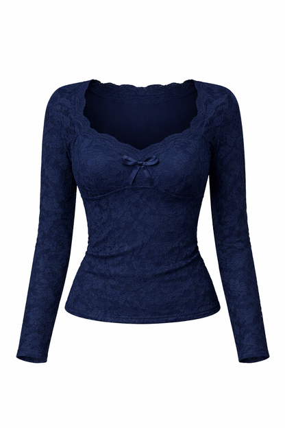 Charlotte – Elegante Romantische Kanten Top met Strik en Lange Mouwen